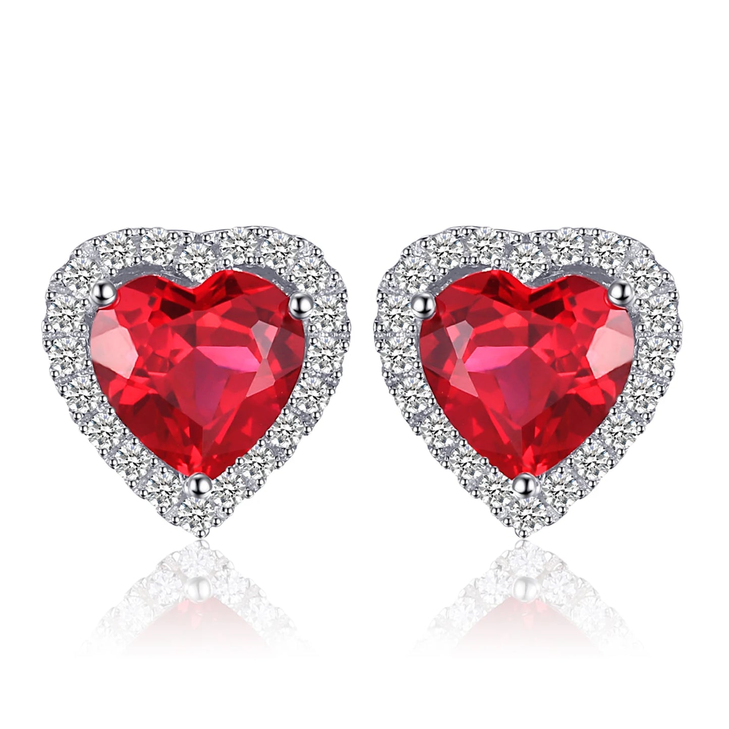 Front view of Ruby Love Silver Earrings showcasing heart-shaped ruby center and sparkling halo.