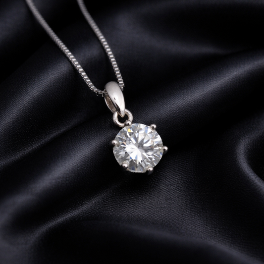 2ct Celeste Solitaire Moissanite Necklace by Ava Modus, featuring a high-refraction D-VVS1 center stone in a signature sterling silver setting