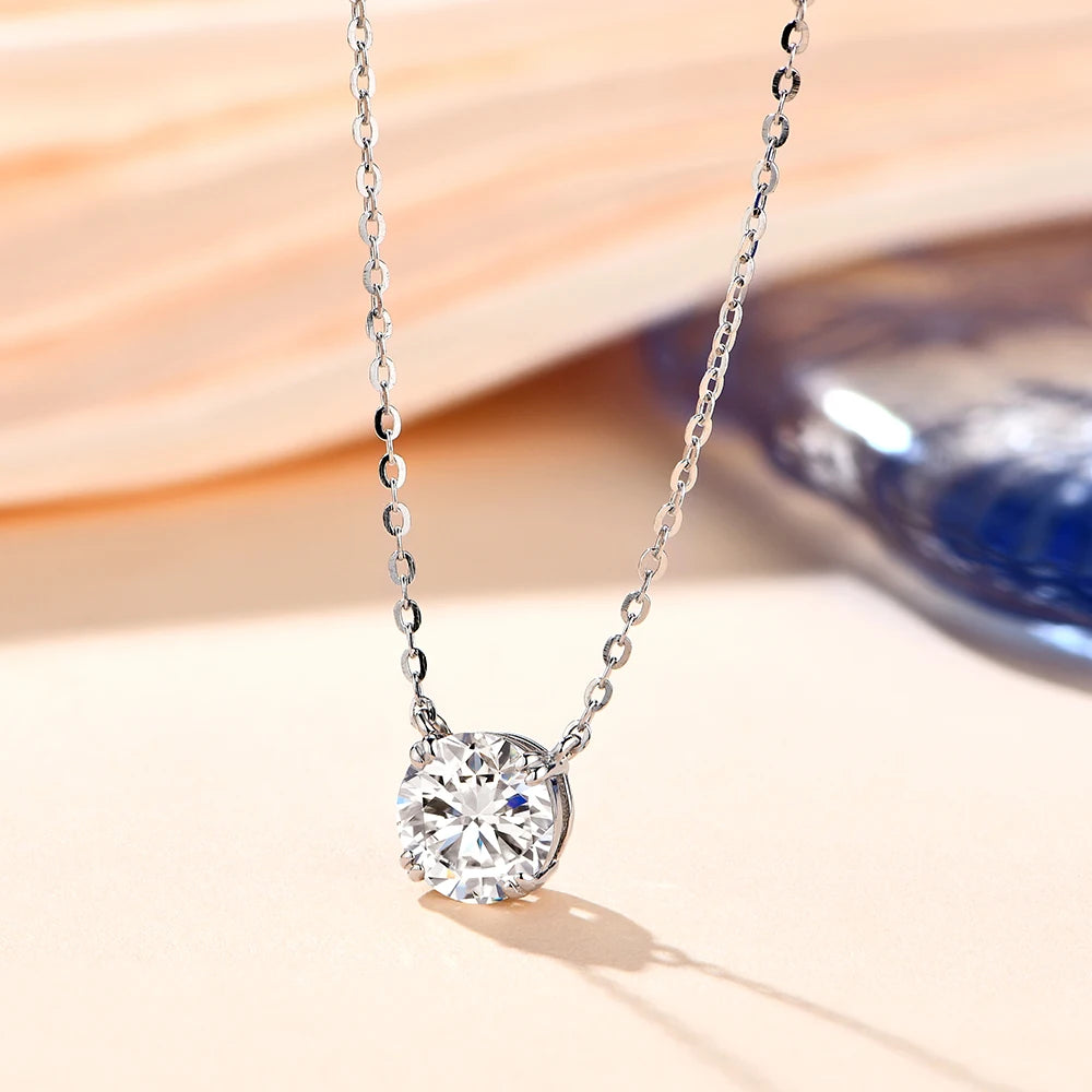 Detailed view of the Ethereal Light Moissanite Silver Necklace, capturing the brilliance of its solitaire moissanite stone.