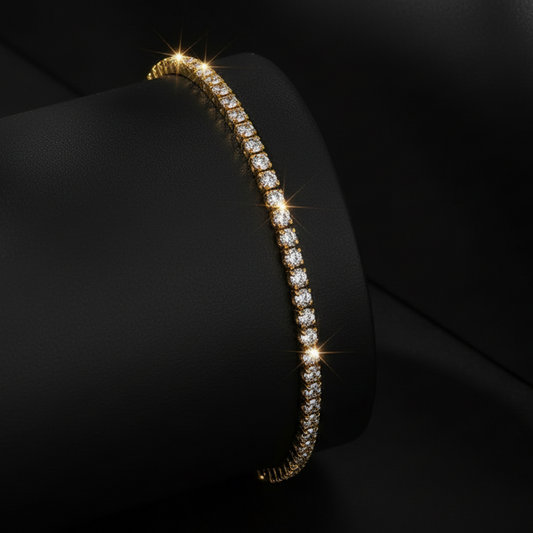 The 14K Gold Glimmer Bolero Bracelet displayed on the black cone, highlighting the radiant glow