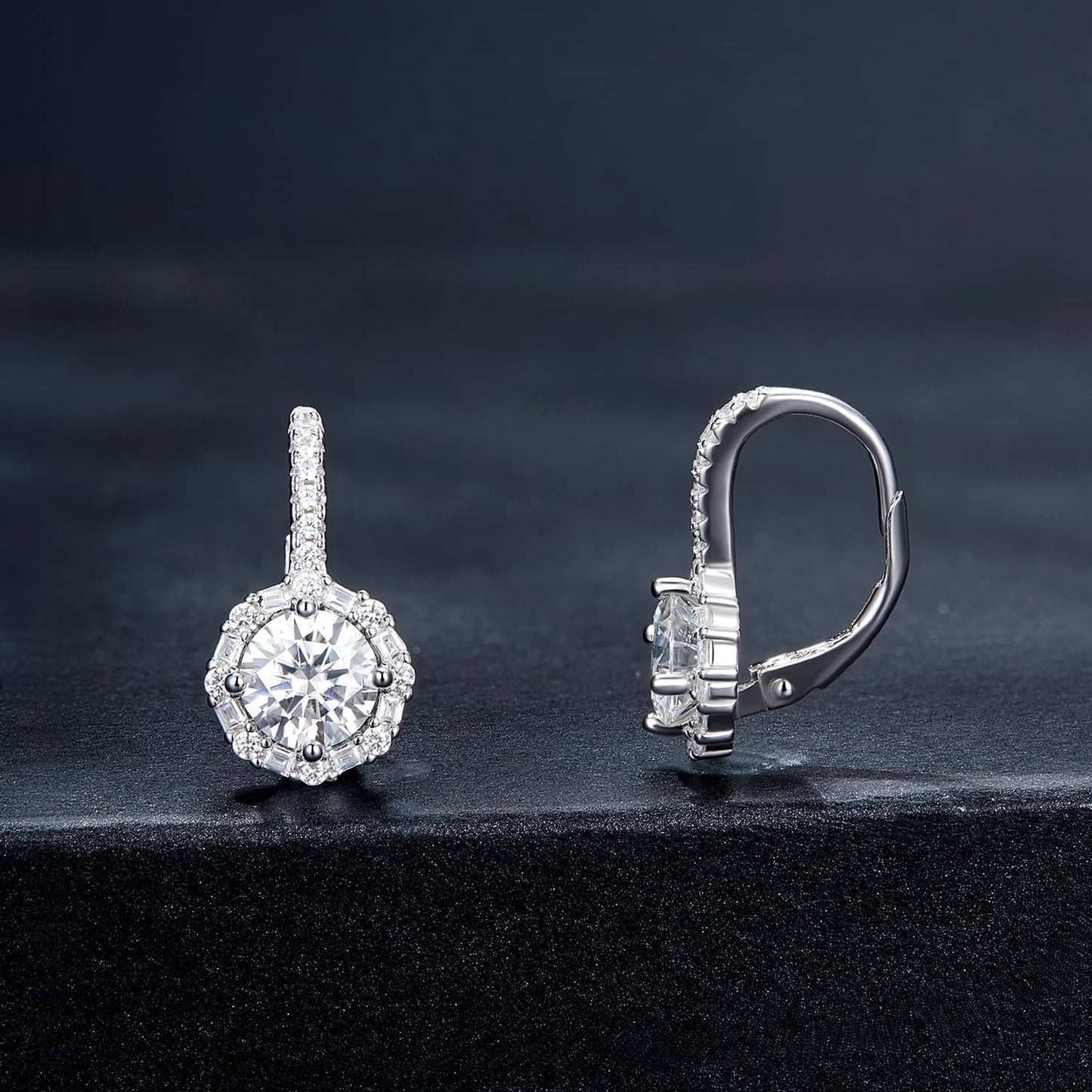 Close-up view of Radiant Halo Moissanite Earrings showcasing their delicate round design.