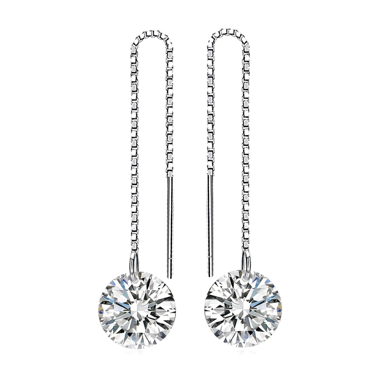 Hanging threads silver earrings with cubic zirconia, plated in platinum.
