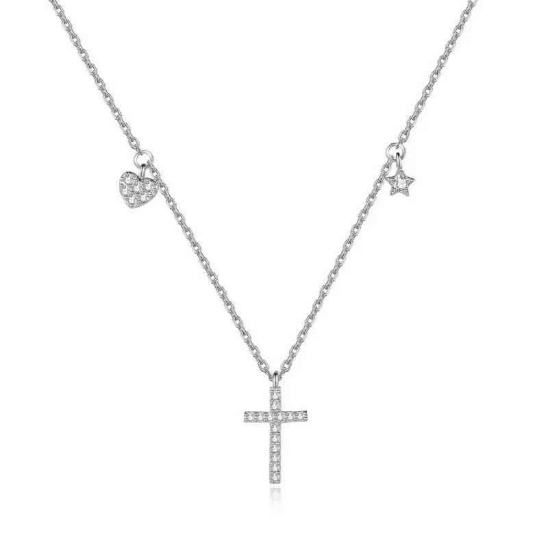 A detailed close-up of the Luminous Cross Silver Necklace, featuring high-clarity cubic zirconia stones for a radiant sparkle.