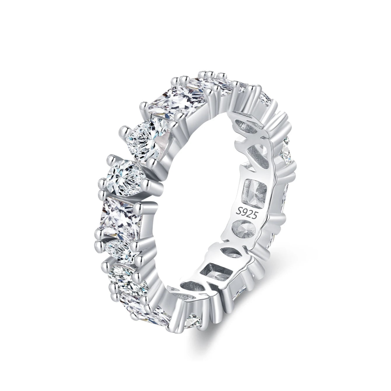 Close-up of the Luna Stacking Band Set Style 3, featuring a teardrop-shaped cubic zirconia in a refined silver setting