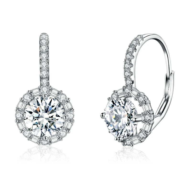 925 sterling silver halo earrings featuring sparkling moissanite stones.