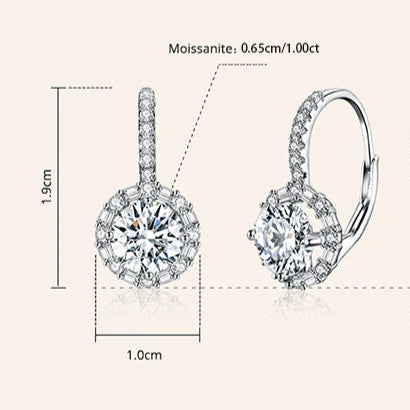Radiant Halo Moissanite Earrings displayed with measurements for size reference.
