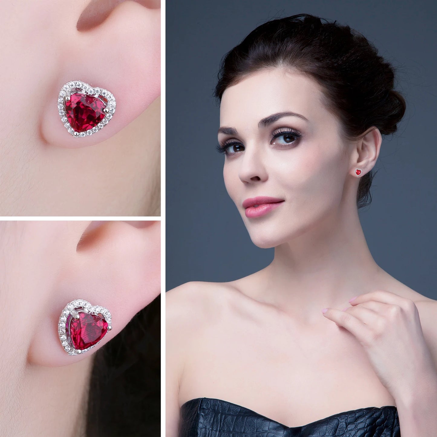 Woman wearing the Ruby Love Silver Earrings, adorned with a cubic zirconia halo, showing how they catch the light beautifully.