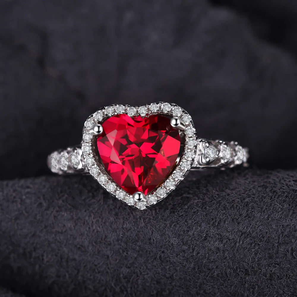 Close-up of the Ruby Love Silver Ring showcasing the heart-shaped lab-grown ruby and sparkling halo.