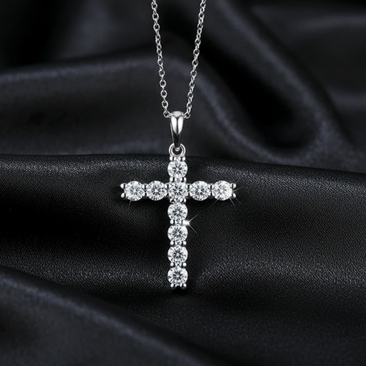 925 sterling silver moissanite cross pendant resting on black silk for a romantic luxury look