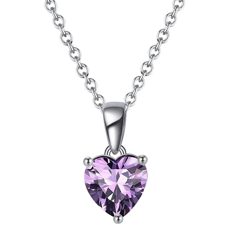 Sterling silver heart necklace with Amethyst Aura cubic zirconia, a rich violet birthstone.