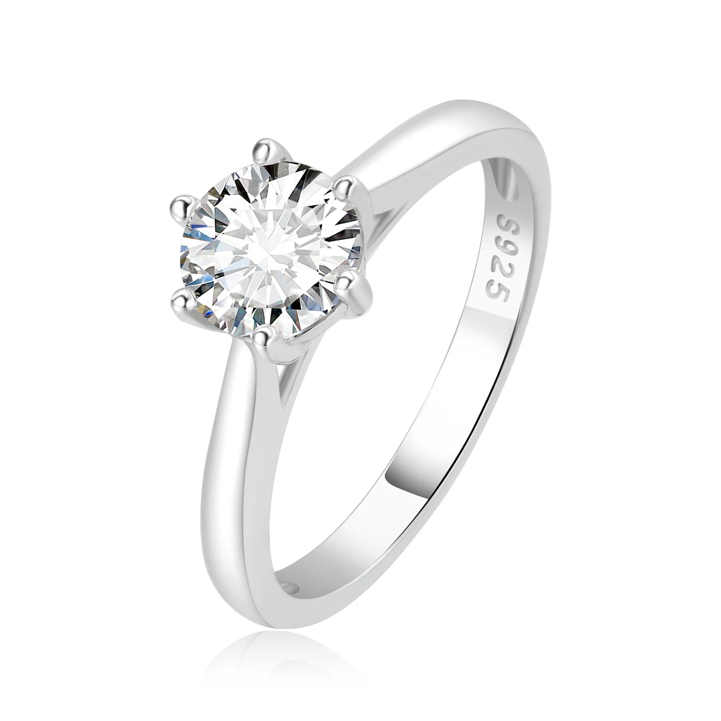 Silver ring with a medium-sized moissanite on a white background