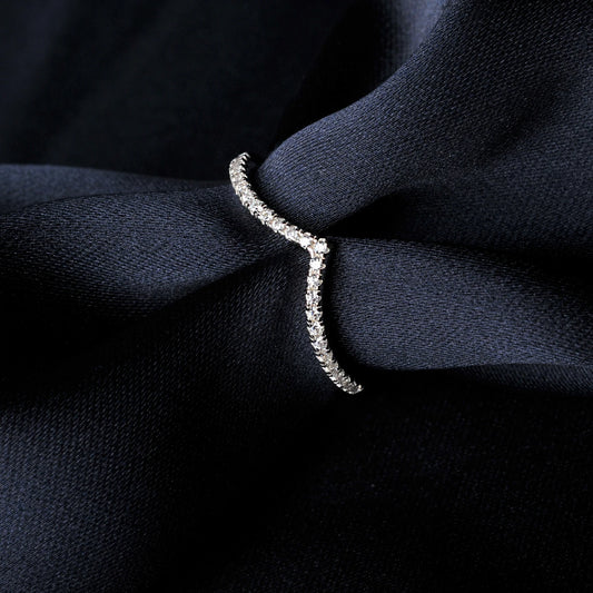 Close-up of Vesper V Silver Ring highlighting moissanite sparkle and polished silver finish