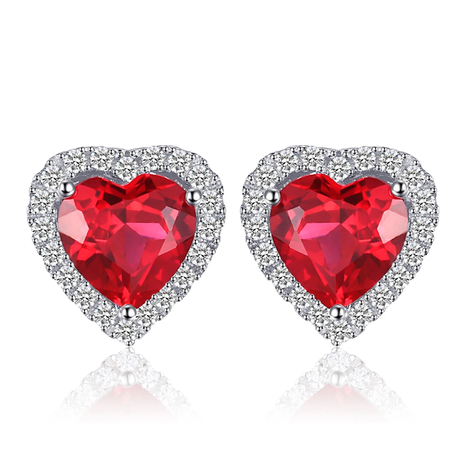 Front view of Ruby Love Silver Earrings showcasing heart-shaped ruby center and sparkling halo.