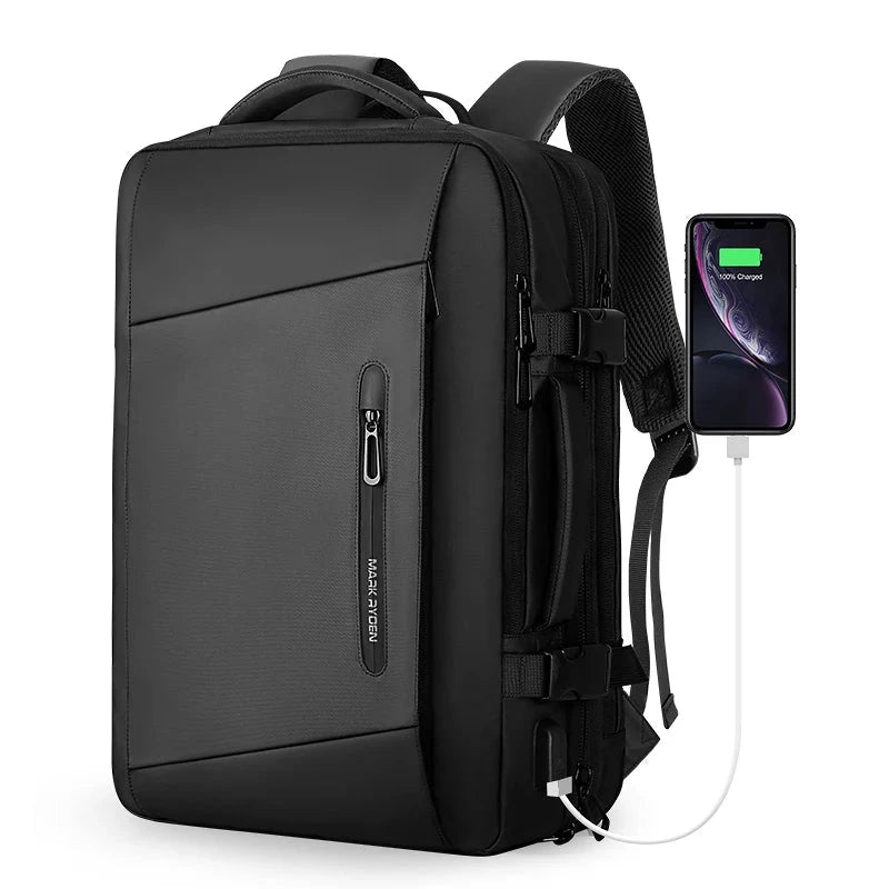 Black expandable business backpack with USB charging port, spacious compartments, and softback for added comfort during travel.