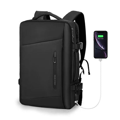 Black business backpack with luggage strap, USB charging port, and expandable capacity. Designed for business travelers.