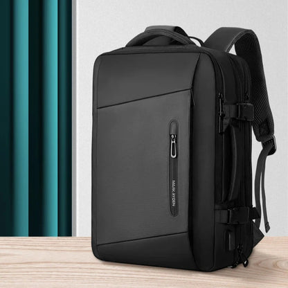 Black backpack with soft handle, expandable compartments, and USB charging port. A sleek design for busy professionals.