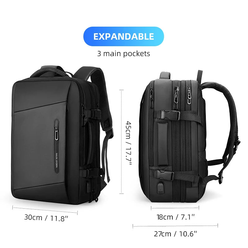 Black business backpack featuring a softback, expandable design, and USB charging port, perfect for daily commuting.