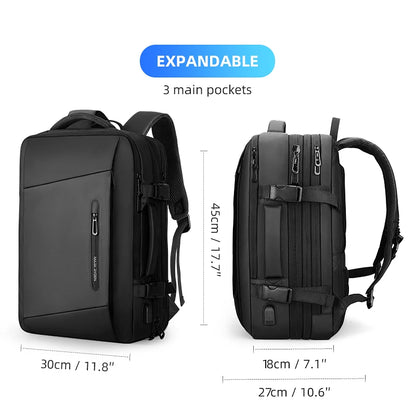 Black business backpack featuring a softback, expandable design, and USB charging port, perfect for daily commuting.