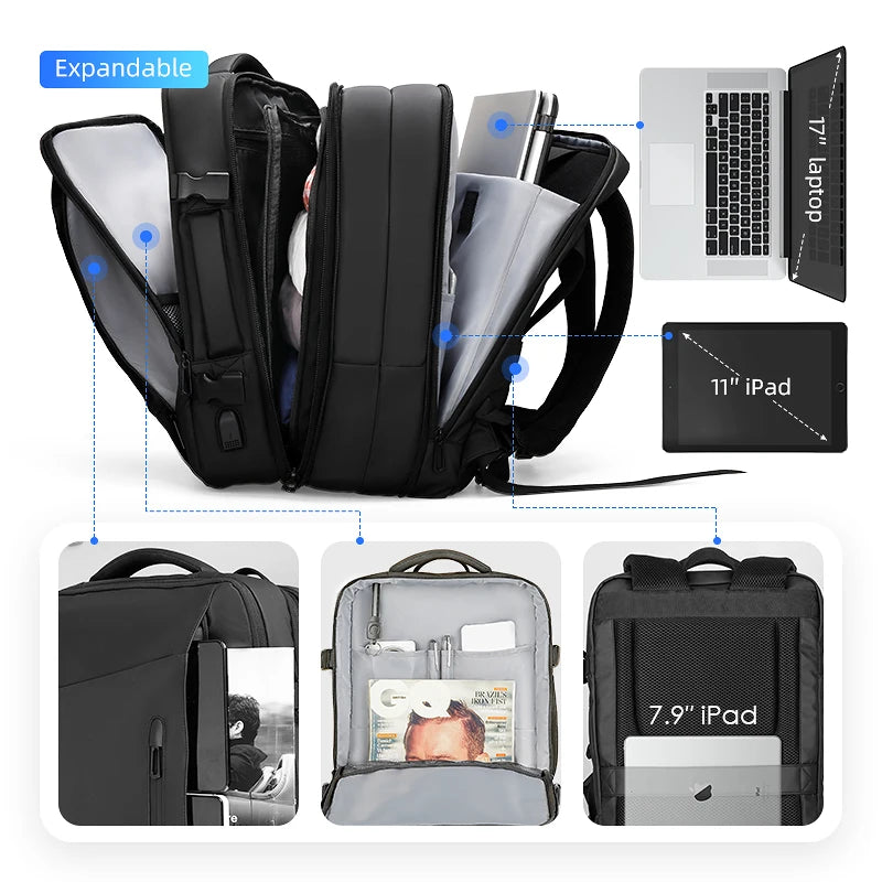 Black travel backpack with built-in raincoat, USB port, and expandable compartments. Ideal for all-weather business trips.