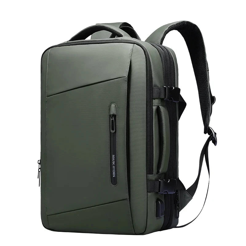 Green expandable business backpack with a USB charging port and softback. A stylish and functional choice for professionals.