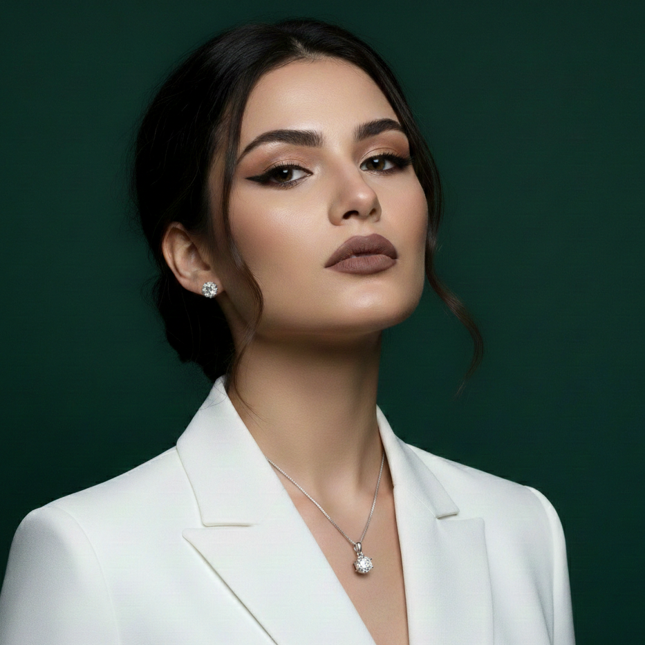 Model wearing the Celeste Solitaire Moissanite Necklace by Ava Modus, demonstrating the elegant drop and scale of the signature pendant