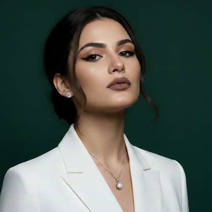 Model wearing the Celeste Solitaire Moissanite Necklace by Ava Modus, demonstrating the elegant drop and scale of the signature pendant