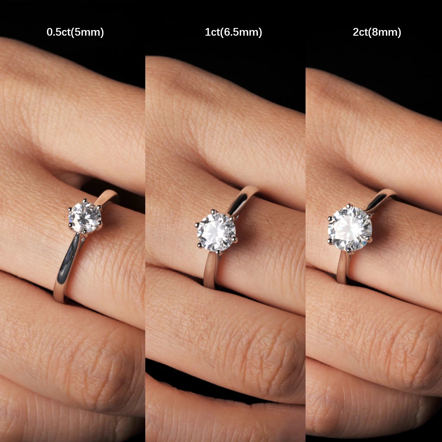 Three moissanite rings on fingers with size labels