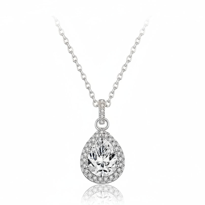 1.2 ct pear-cut Moissanite necklace in a 925 silver halo setting on a clean white background