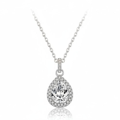 1.2 ct pear-cut Moissanite necklace in a 925 silver halo setting on a clean white background