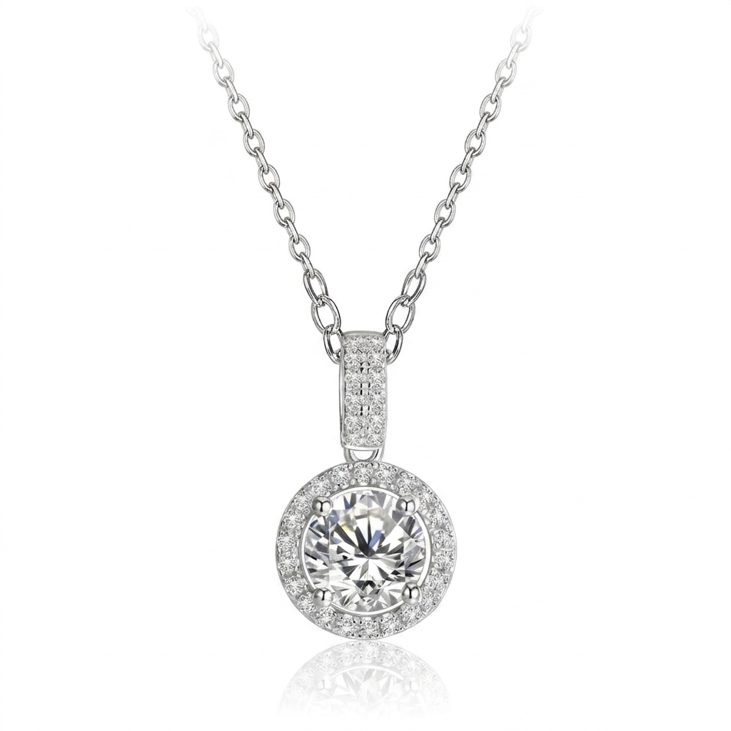 1.0 ct round-cut Moissanite necklace with a cubic zirconia halo in a 925 silver setting on a white background