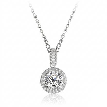 1.0 ct round-cut Moissanite necklace with a cubic zirconia halo in a 925 silver setting on a white background