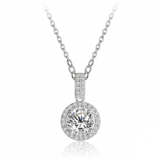1.0 ct round-cut Moissanite necklace with a cubic zirconia halo in a 925 silver setting on a white background