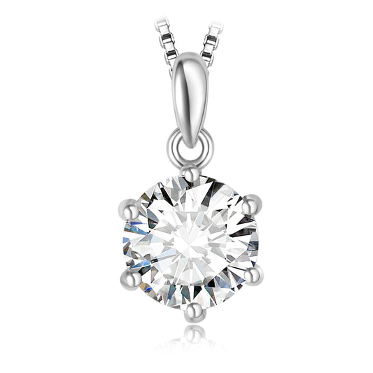 Silver necklace with a round moissanite pendant on a white background
