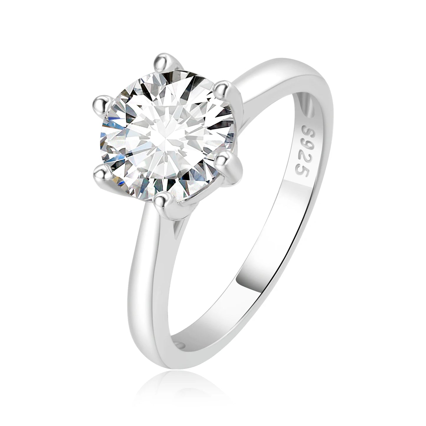 Silver ring with a large moissanite on a white background