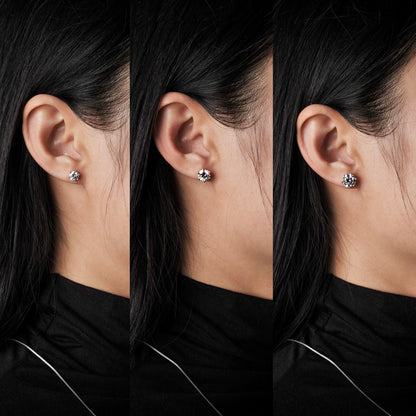 Three views of a person wearing moissanite stud earrings