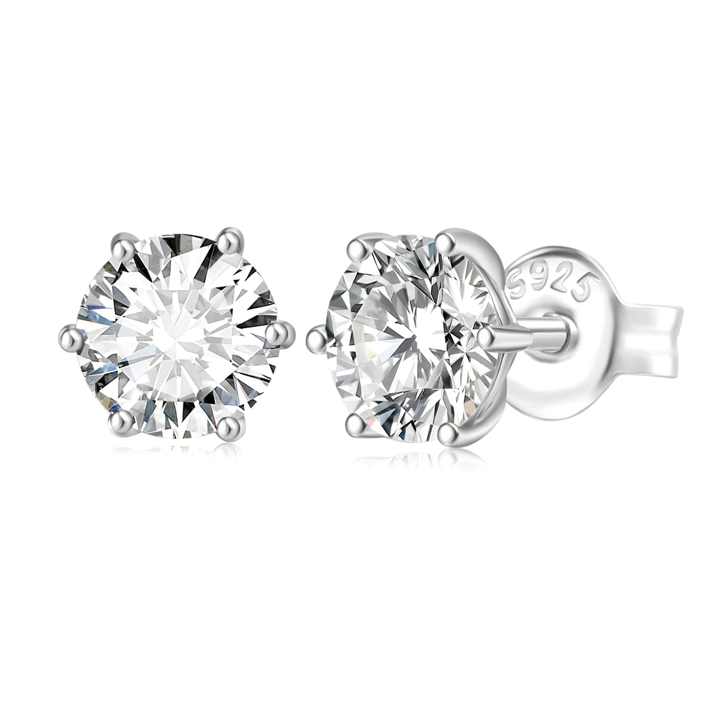 Pair of silver stud earrings with moissanites on a white background