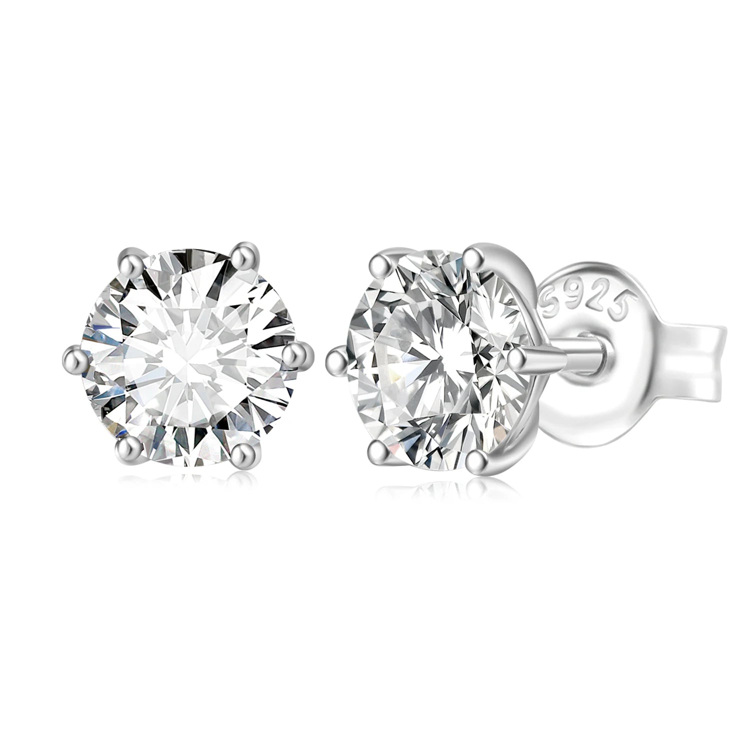Pair of silver stud earrings with moissanites on a white background