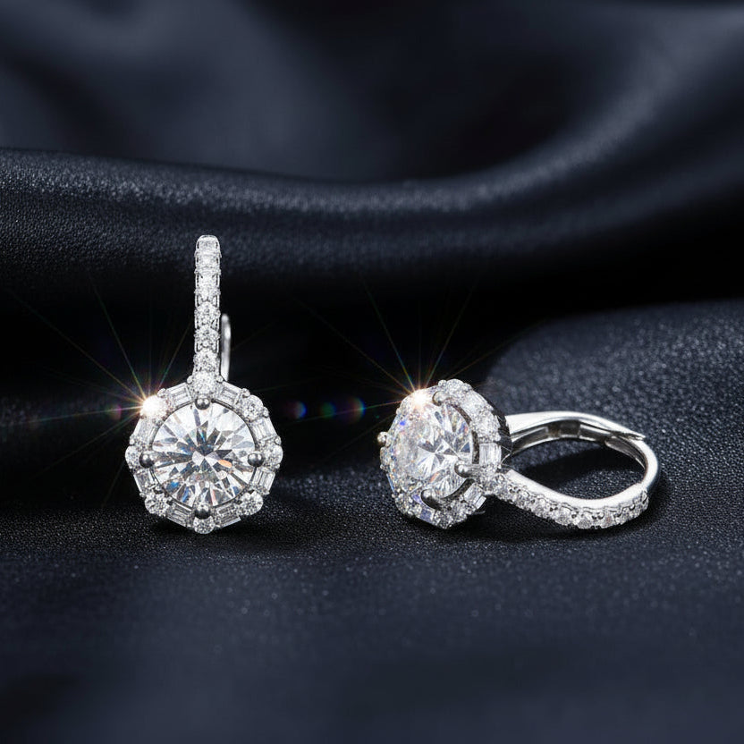 High-refraction D-Color VVS1 Moissanite earrings finished in platinum, showcasing the ultimate luxury statement