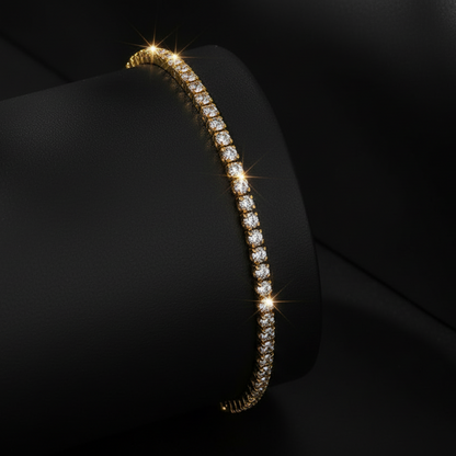 The 14K Gold Glimmer Bolero Bracelet displayed on the black cone, highlighting the radiant glow