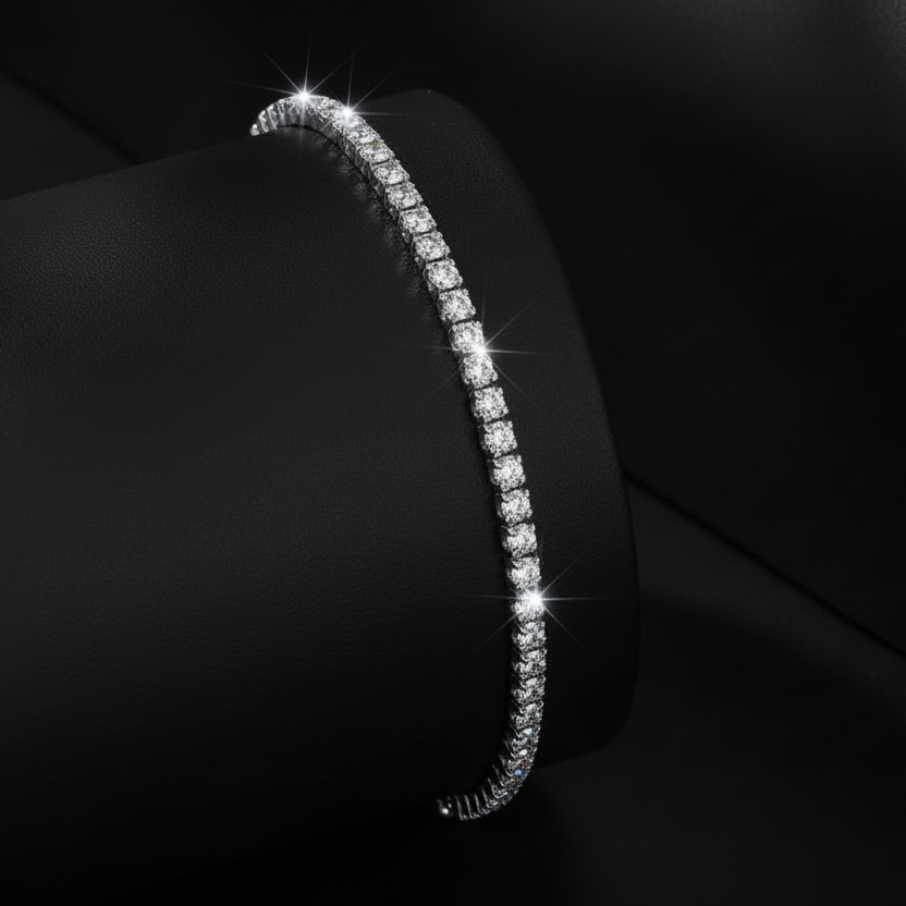 Macro detail of the four-prong setting and premium cubic zirconia stones in a Platinum finish