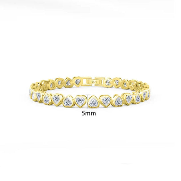 Gold-plated heart-cut tennis bracelet displayed with dimensions for a detailed size reference.