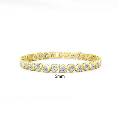 Gold-plated heart-cut tennis bracelet displayed with dimensions for a detailed size reference.