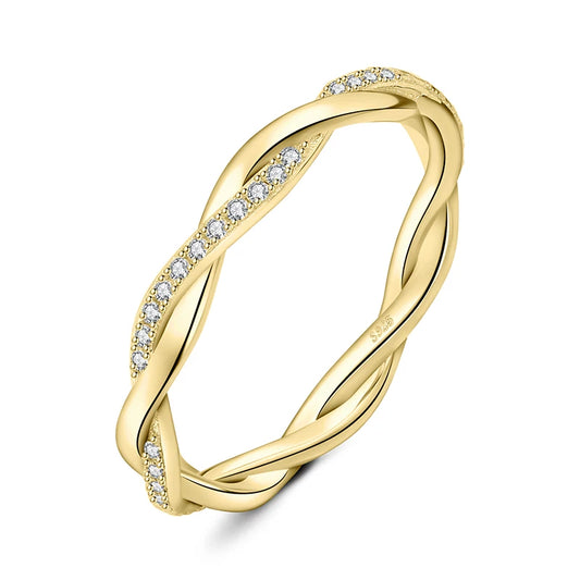 Timeless yellow gold plated band ring featuring a cascade of moissanite stones.