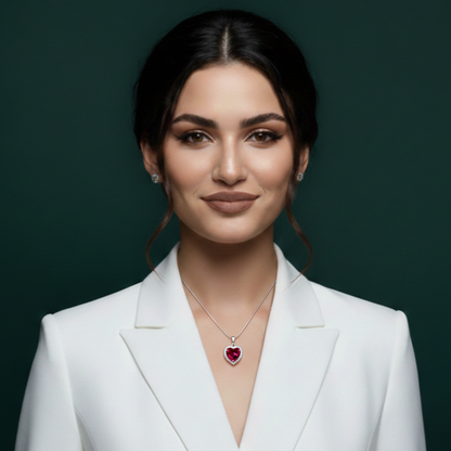 A lifestyle shot of the Ruby Love Necklace, highlighting the vibrant vivid red hue and pavé halo against a sophisticated neckline