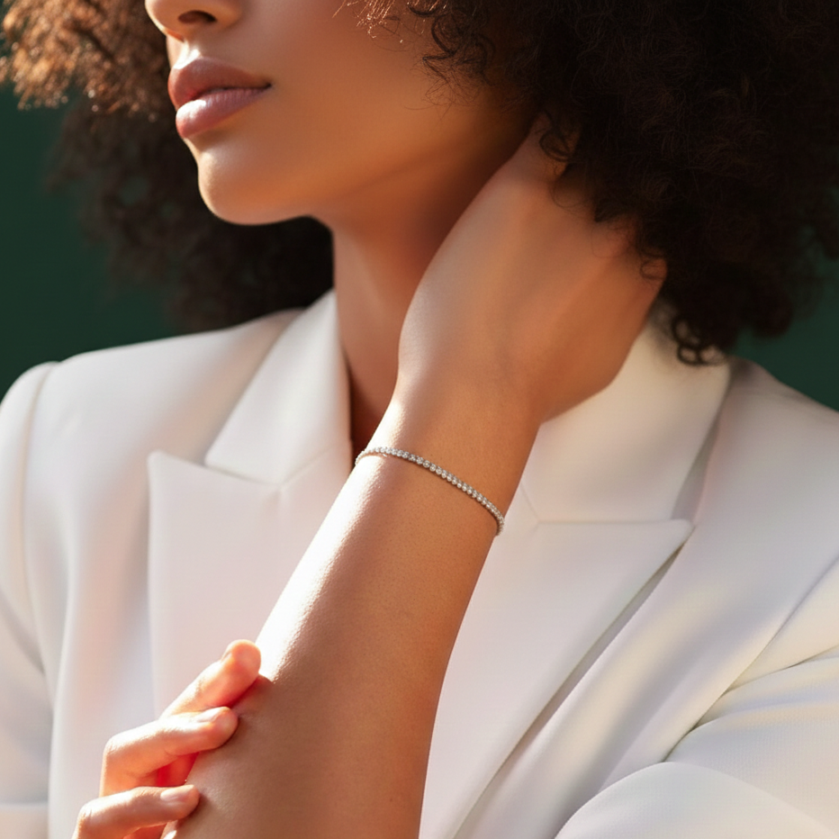 Model wearing the Glimmer Bolero Bracelet for a minimalist boutique look