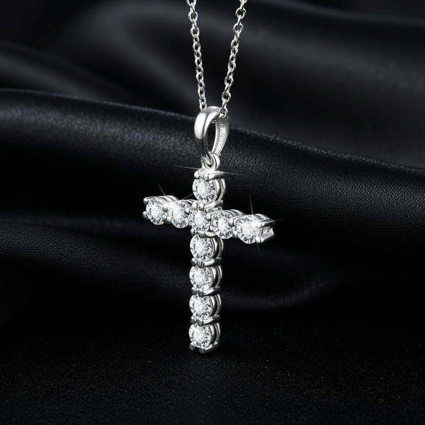The cross necklace draped over flowing silk to demonstrate the high-polish finish and stone clarity