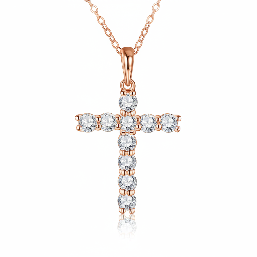 The Signature Moissanite Cross Necklace in a rose gold plated finish over 925 silver