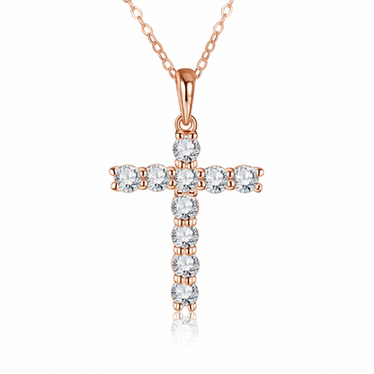 The Signature Moissanite Cross Necklace in a rose gold plated finish over 925 silver
