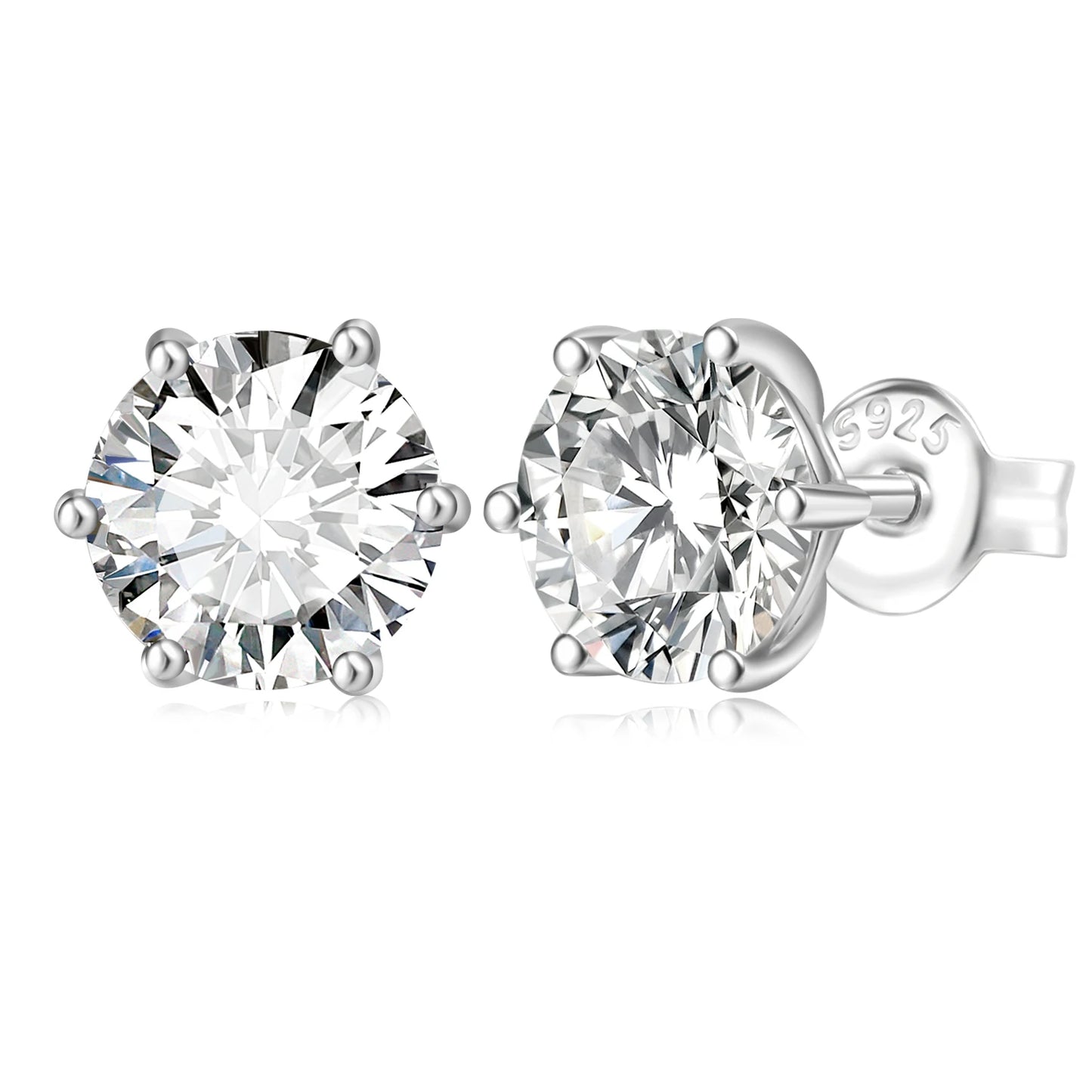 Pair of silver stud earrings with moissanites on a white background