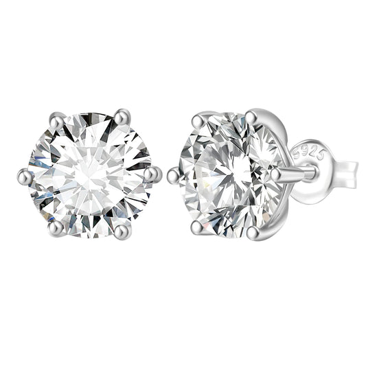 Pair of silver stud earrings with moissanites on a white background